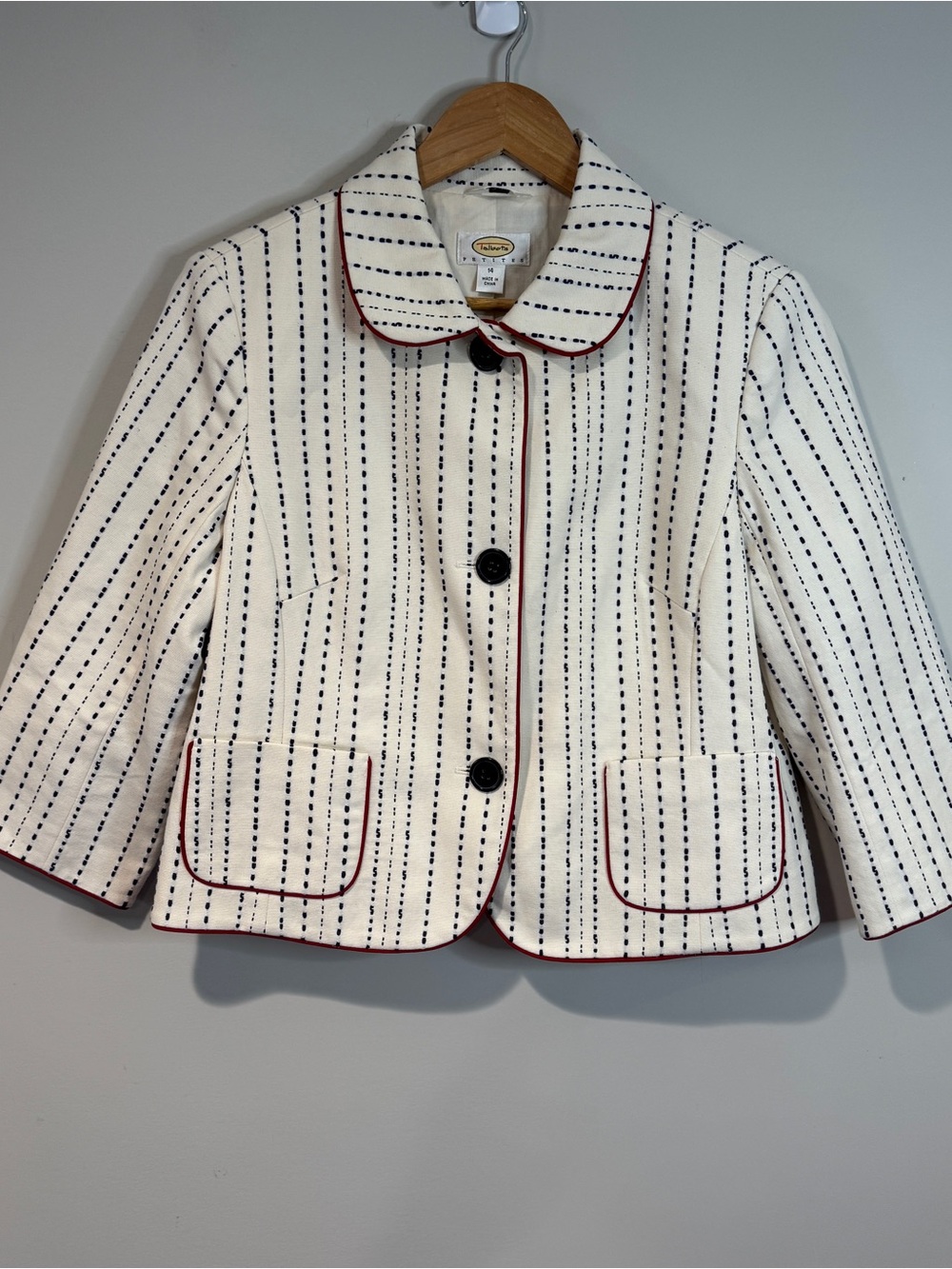 Talbots Ivory Navy Striped Cotton Blazer Jacket Red Trim 3/4 Sleeve Size 14P